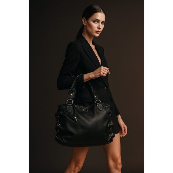 Michael Kors Black Leather Braided Handle Tote Satchel Whipstitch Grommet Large - Picture 3 of 16